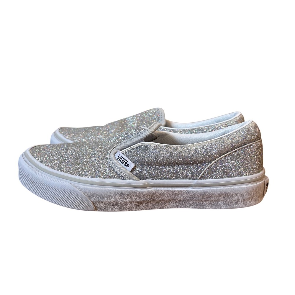 Vans Slip On Sneakers Kids Silver Glitter Sparkle Skate Shoes SIZE 3.0